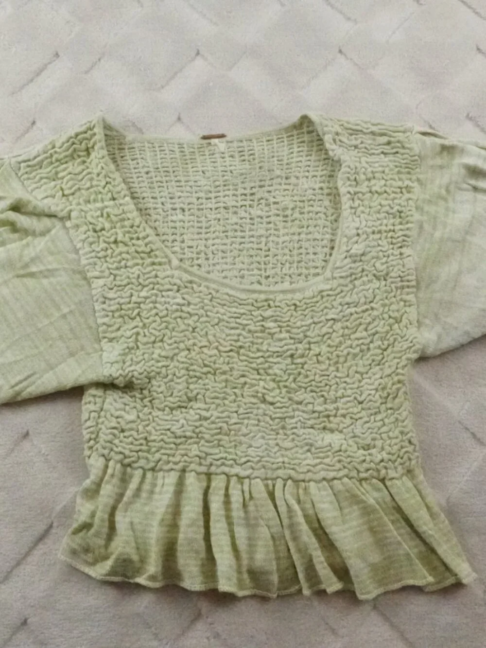 Free People Free Spirit Smocked Peplum Knit Balloon Sleeve Top Small Boho